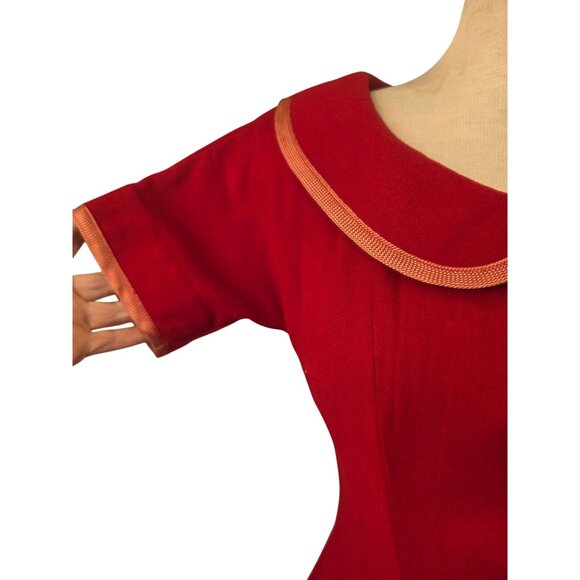 Vintage 50s Joan Miller Juniors Red Wool Dress Sz S Button Front Peach Trim - Picture 7 of 7